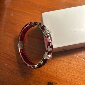 Red Enamel and Silver-Tone Hinged Bangle Bracelet